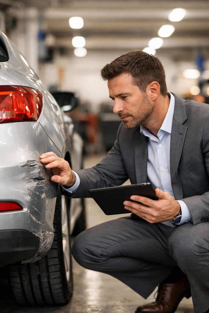 KFZ-Gutachter inspiziert einen Unfallschaden professionell in der Werkstatt