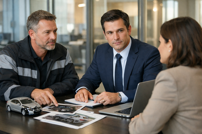 Anwalt berät eine Kundin am Schreibtisch zur Schadensregulierung